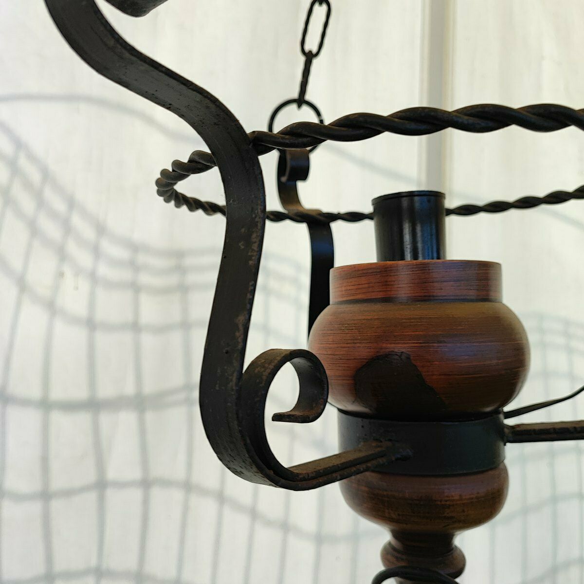 Paar Houten En Metalen Kroonluchters Uit De 20e Eeuw photo for sale