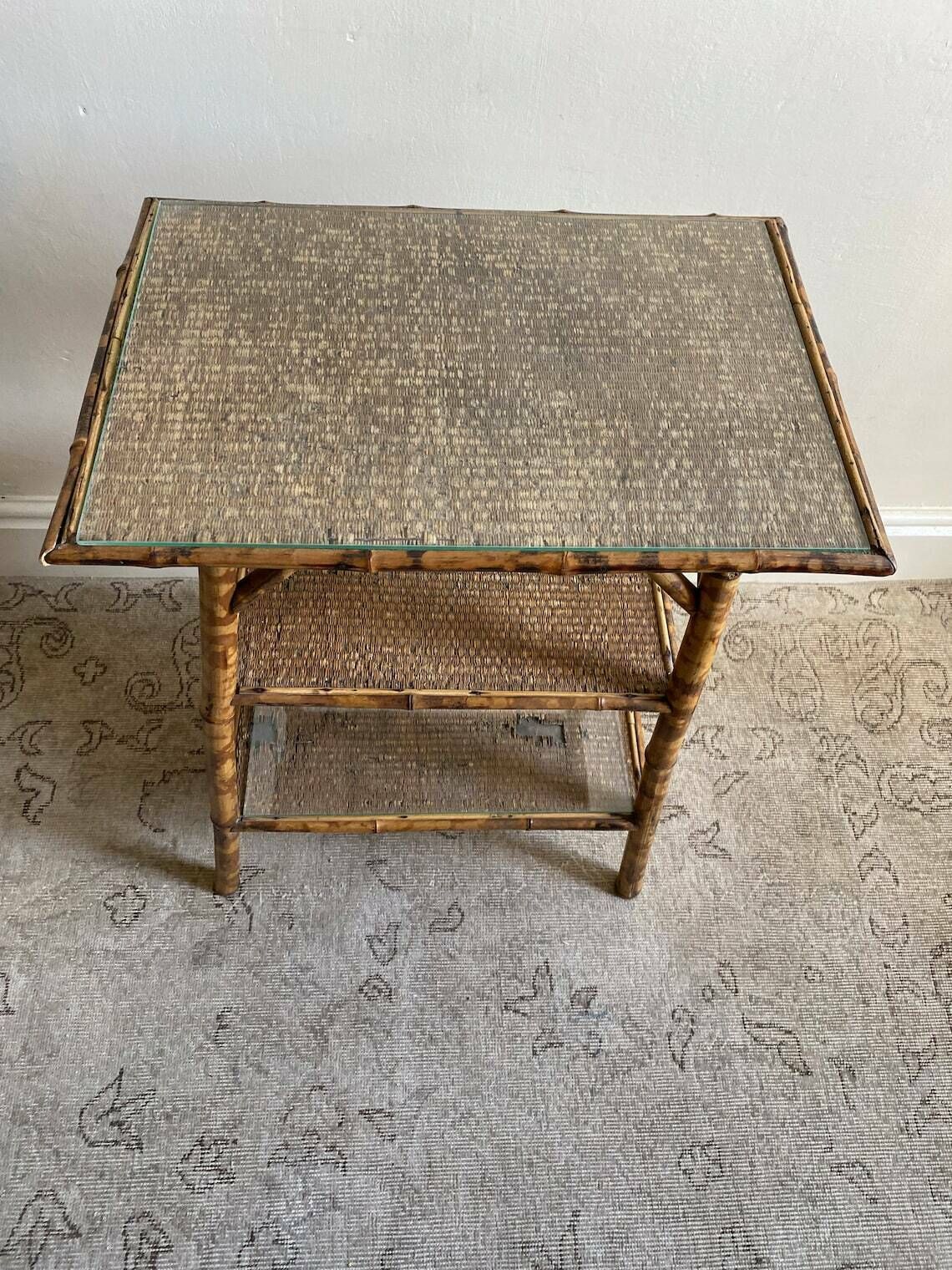 Victorian Tiger Bamboo Side Table Or Antique Occasional End Lamp Table Or Bedside With Shelves And Protective Glass For The Grasscloth Top photo for sale