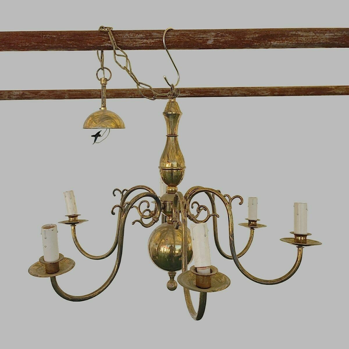 1900s Brass Plated Metal Chandelier With 6 Arms