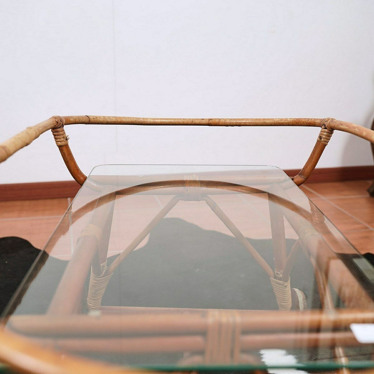 70's Rash And Bamboo Trolley, Glass Top photo furniture