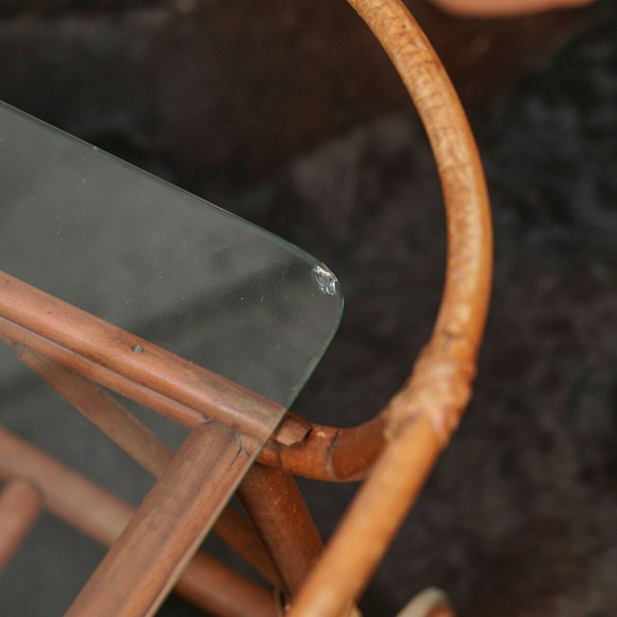 70's Rash And Bamboo Trolley, Glass Top photo buy