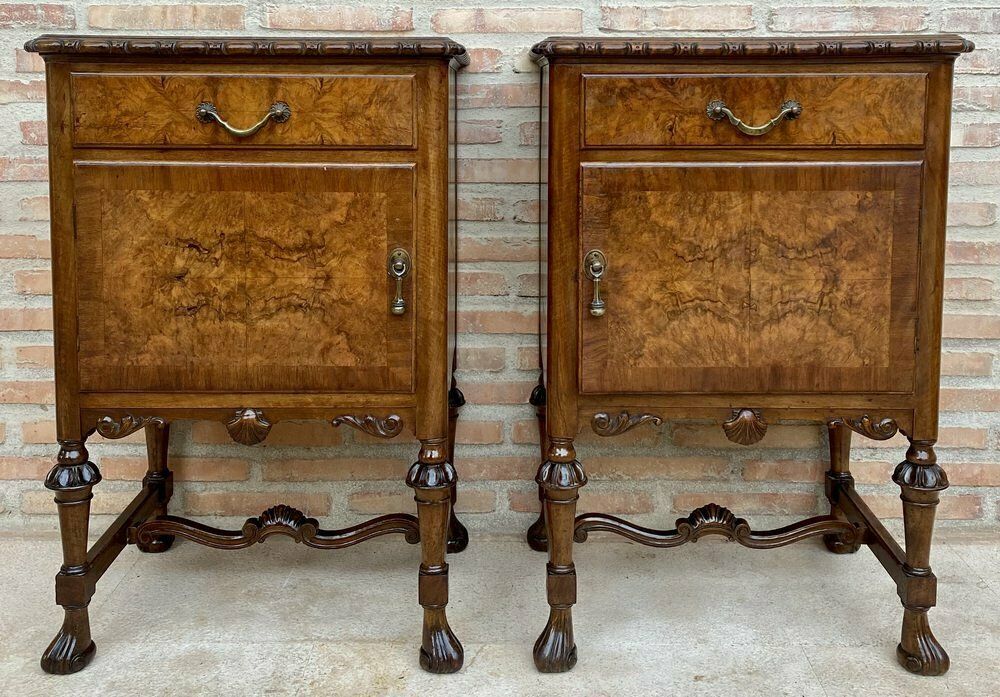 French Walnut And Burl Nightstands With Drawer, 1940, Set Of 2