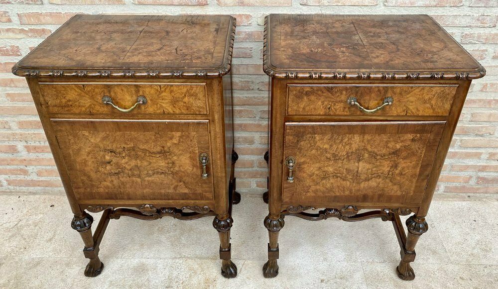 French Walnut And Burl Nightstands With Drawer, 1940, Set Of 2 photo Furniture