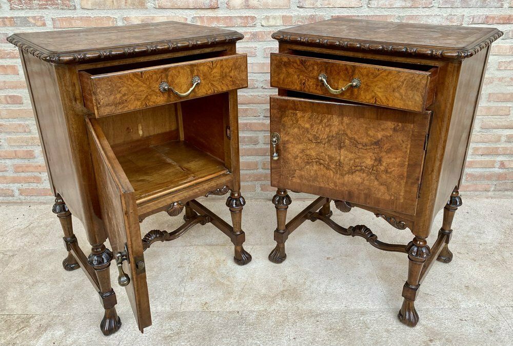 French Walnut And Burl Nightstands With Drawer, 1940, Set Of 2 photo vinterior