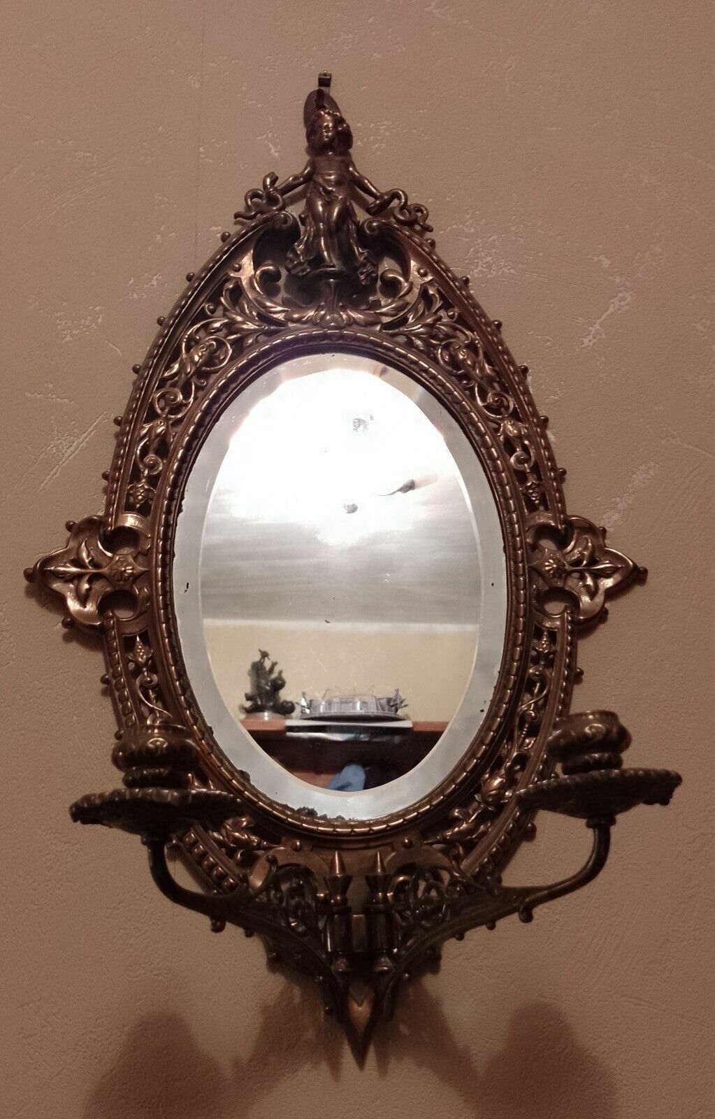 photo buy Antique Solid Brass Victorian Gothic Revival Girandole Mirror With Candelabra