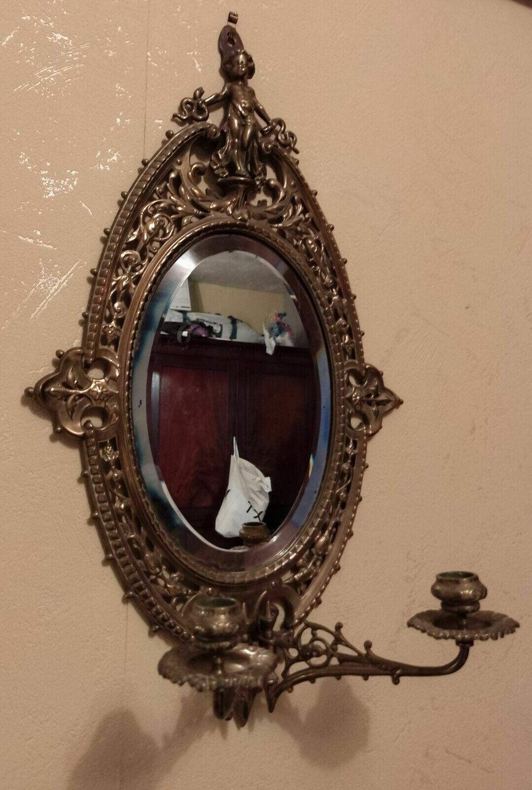 photo vintage Antique Solid Brass Victorian Gothic Revival Girandole Mirror With Candelabra