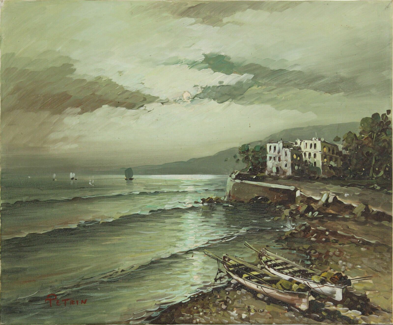 Oil On Canvas By Alessandro Petrin. Fishing Boats On Shore In South Of France