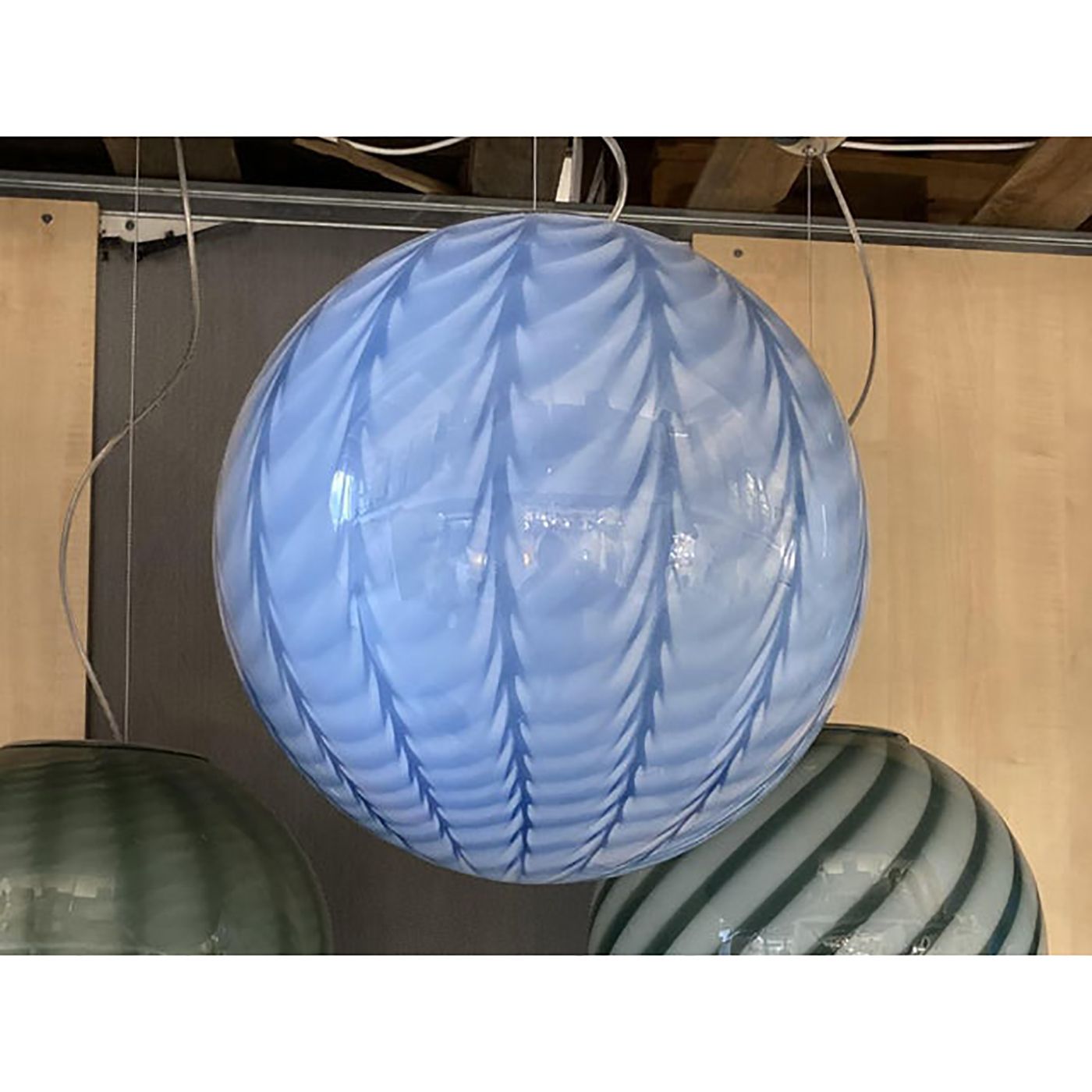 Contemporary Blue And Milky White Spider Sphere Pendant In Murano Glass photo vinterior