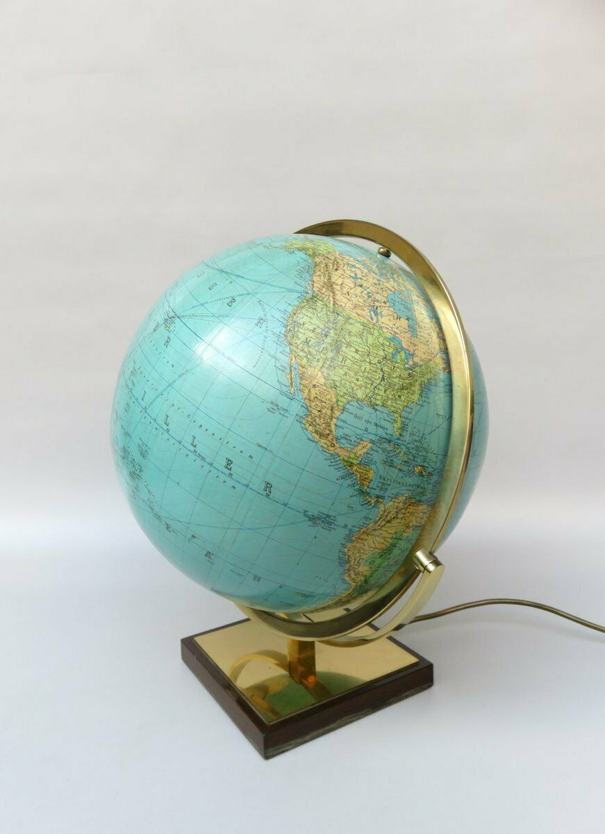 photo for sale Columbus Duo Earth Globe In Ball Brass, Wood, Mouth Blown Glass, 1960s
