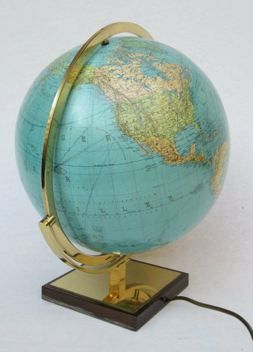 Home Decor Columbus Duo Earth Globe In Ball Brass, Wood, Mouth Blown Glass, 1960s photo