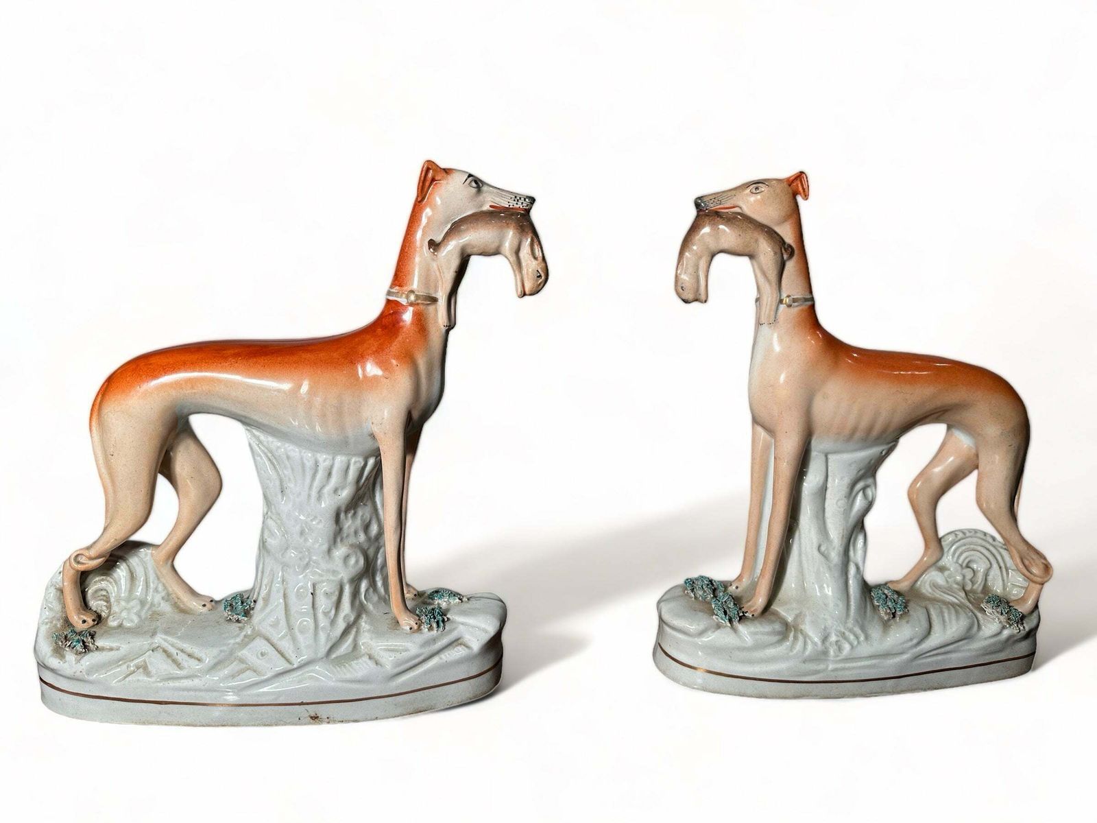 A Beautiful Pair Of Early Antique Staffordshire Greyhounds/Dogs Depicting Hunting Scene Circa 1840