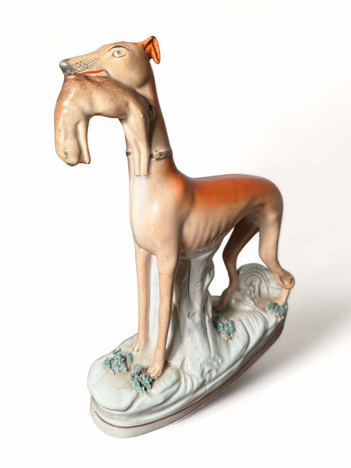 A Beautiful Pair Of Early Antique Staffordshire Greyhounds/Dogs Depicting Hunting Scene Circa 1840 photo for sale