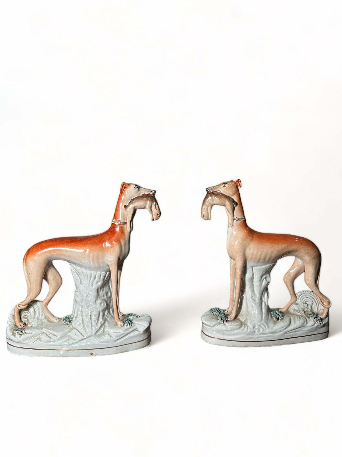photo furniture A Beautiful Pair Of Early Antique Staffordshire Greyhounds/Dogs Depicting Hunting Scene Circa 1840