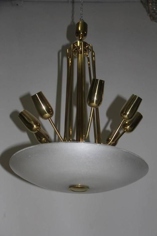 Mid Century Italian Chandelier Brass And Glass Pulegoso, 1950s photo furniture