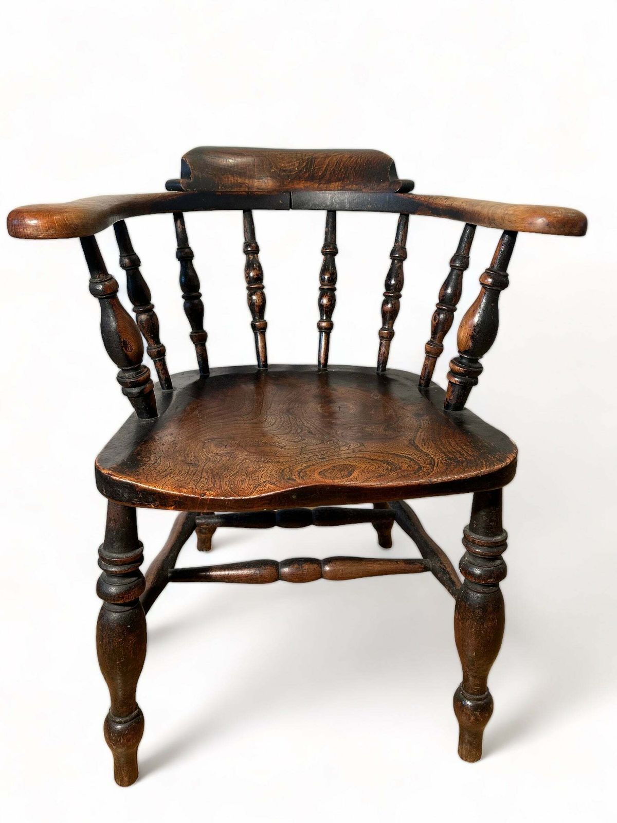 Exceptional Pair Of Early Antique English Elm & Yew Captains Elbow/Kitchen/Desk Chairs With Makers Initials & Original Oxidised Treacle Black/Red Pain photo furniture