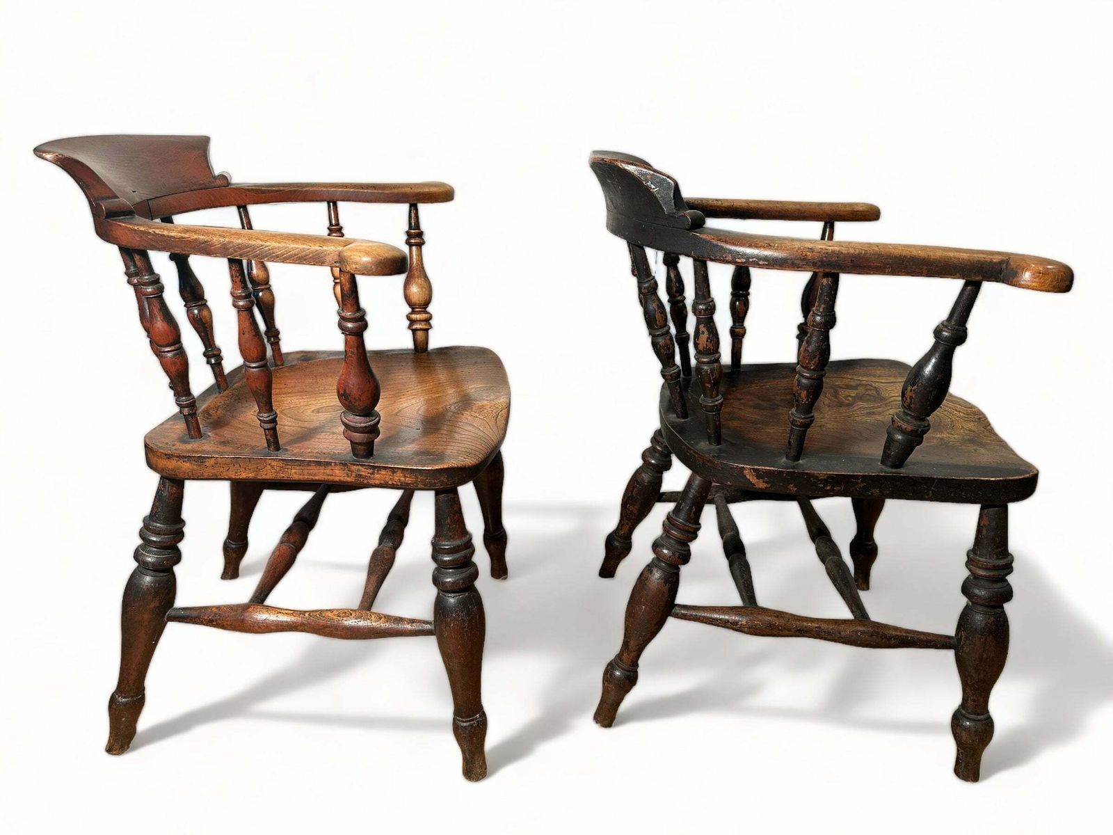 Exceptional Pair Of Early Antique English Elm & Yew Captains Elbow/Kitchen/Desk Chairs With Makers Initials & Original Oxidised Treacle Black/Red Pain photo vinterior