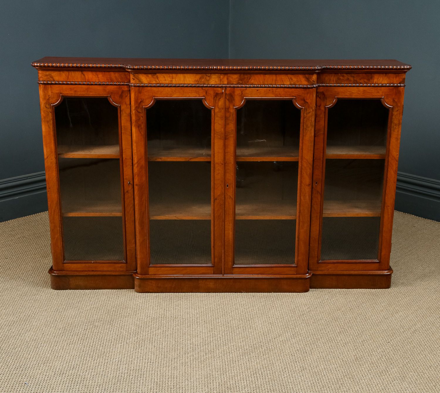 English Victorian Burr Walnut Glazed Breakfront Inlaid Display Bookcase (Circa 1860) photo for sale