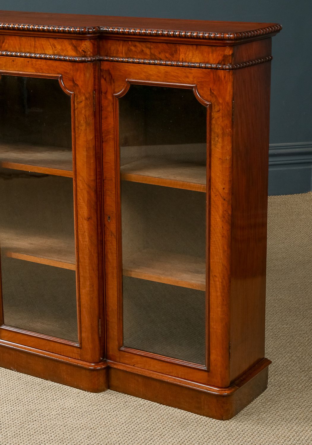 English Victorian Burr Walnut Glazed Breakfront Inlaid Display Bookcase (Circa 1860) photo vinterior