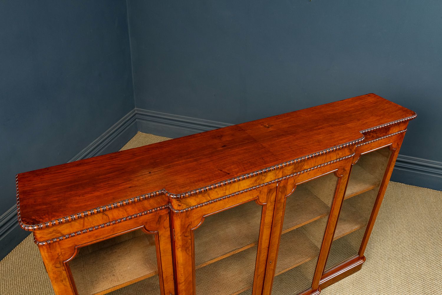 photo for sale English Victorian Burr Walnut Glazed Breakfront Inlaid Display Bookcase (Circa 1860)