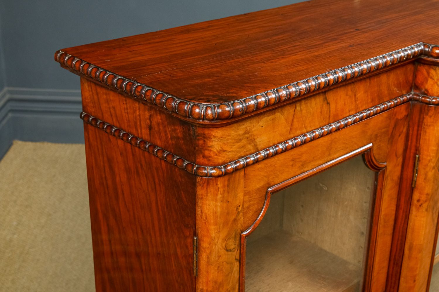 photo buy English Victorian Burr Walnut Glazed Breakfront Inlaid Display Bookcase (Circa 1860)