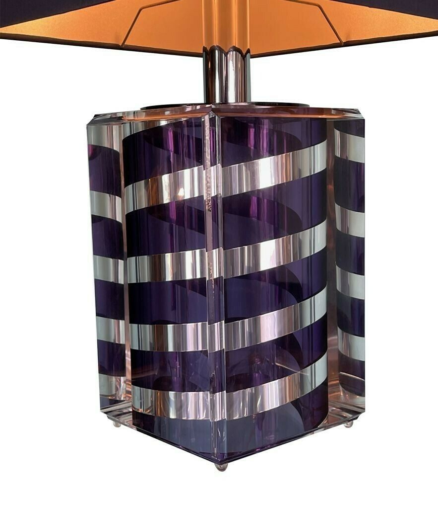 A Large Italian 1970s Romeo Rega Lucite And Chrome Lamp In Purple And Chrome photo vintage