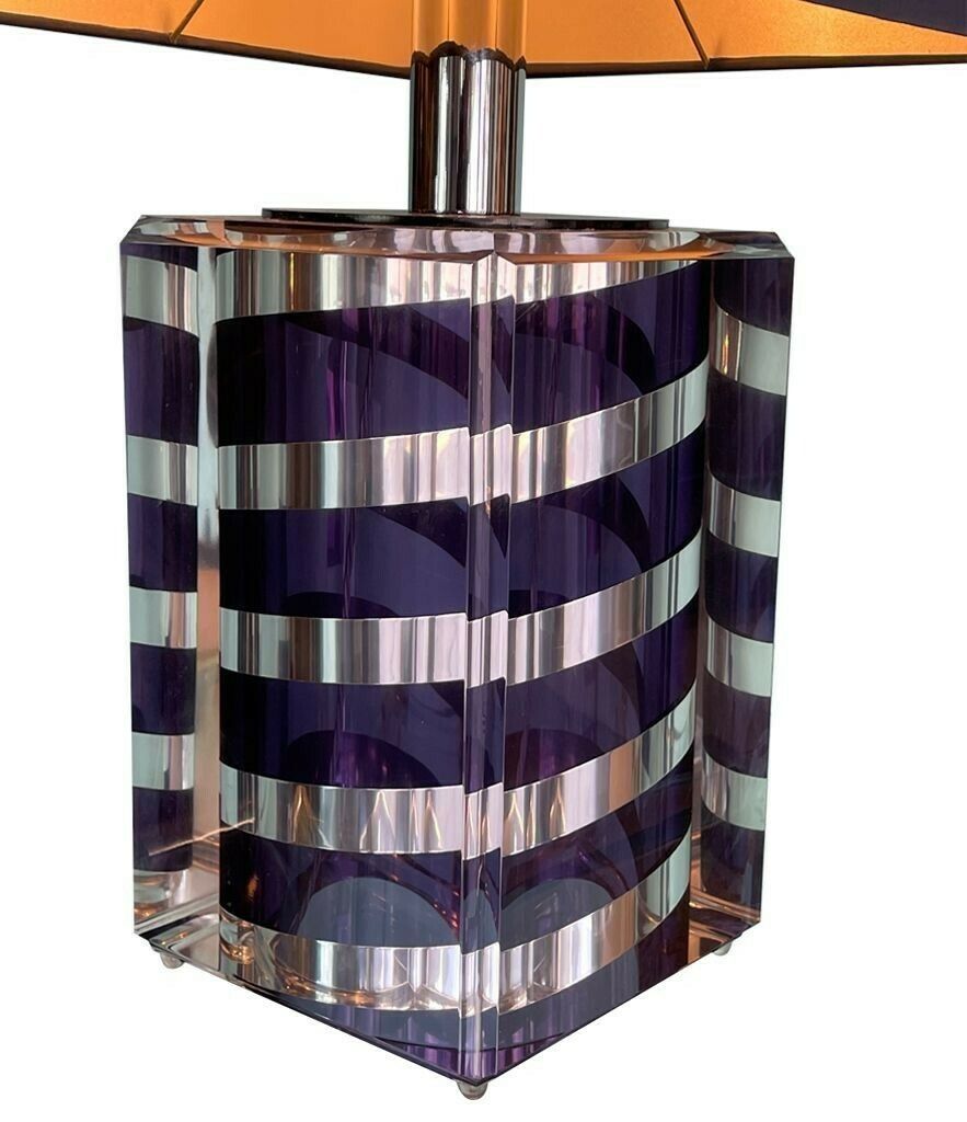 photo for sale A Large Italian 1970s Romeo Rega Lucite And Chrome Lamp In Purple And Chrome