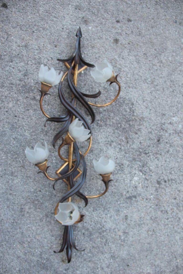 Vertical Big Sconce Modern Floreal Forged Metal Glass Hand Made In Italy Gold photo vinterior