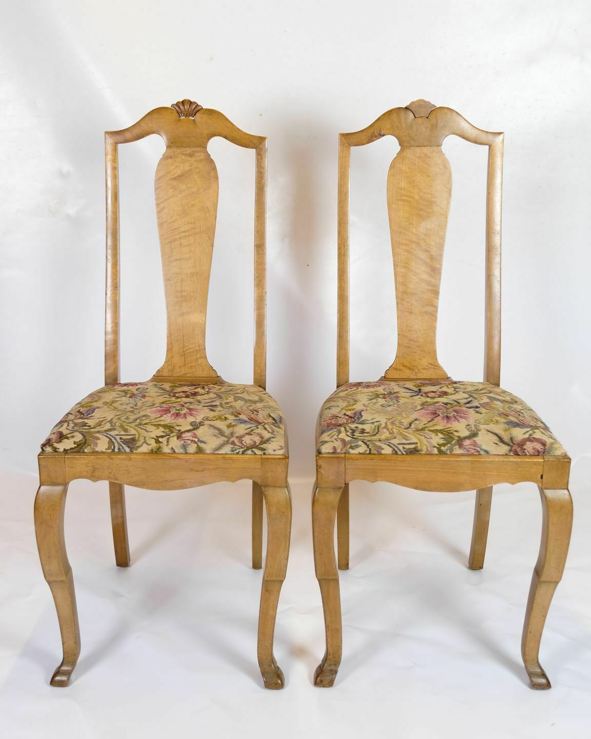 Dining Room Chairs In Birch Wood  With Light Floral Cover From 1920s