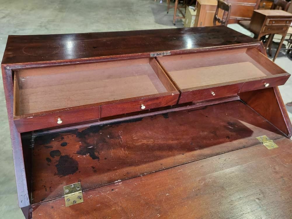 Antique Small Georgian Mahogany Bureau Desk Splayed Legs Brass Handles 12 Drawer photo Furniture