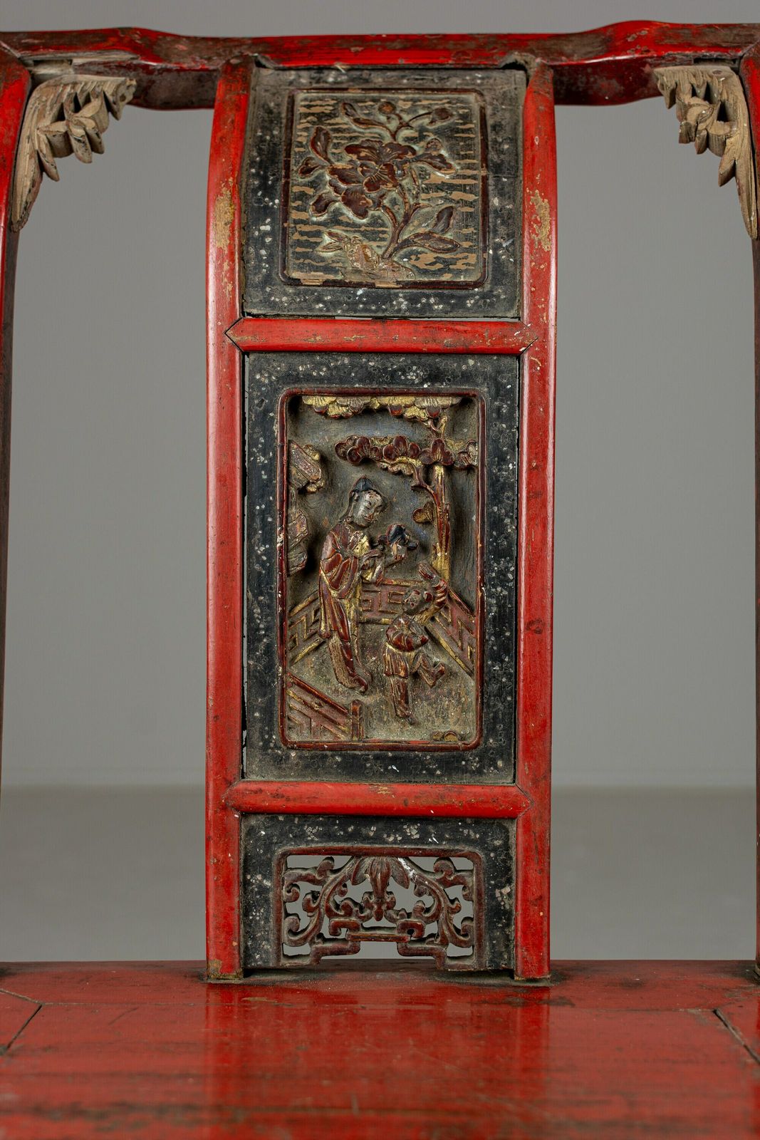 photo for sale Pair Of 19th Century Chinese Red Lacquer And Gilt Wedding Chairs. Hallway Chairs.