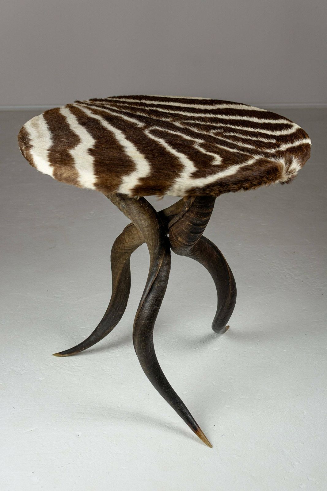 Rare Zebra Hide And Kudu Side Table. 20th Century Design. Unique End Table. Taxidermy photo furniture