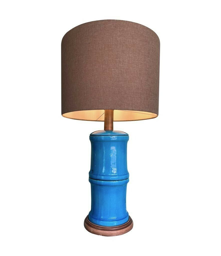 A 1970s Large Italian Faux Bamboo Ceramic Blue Lamp With Brass Fittings