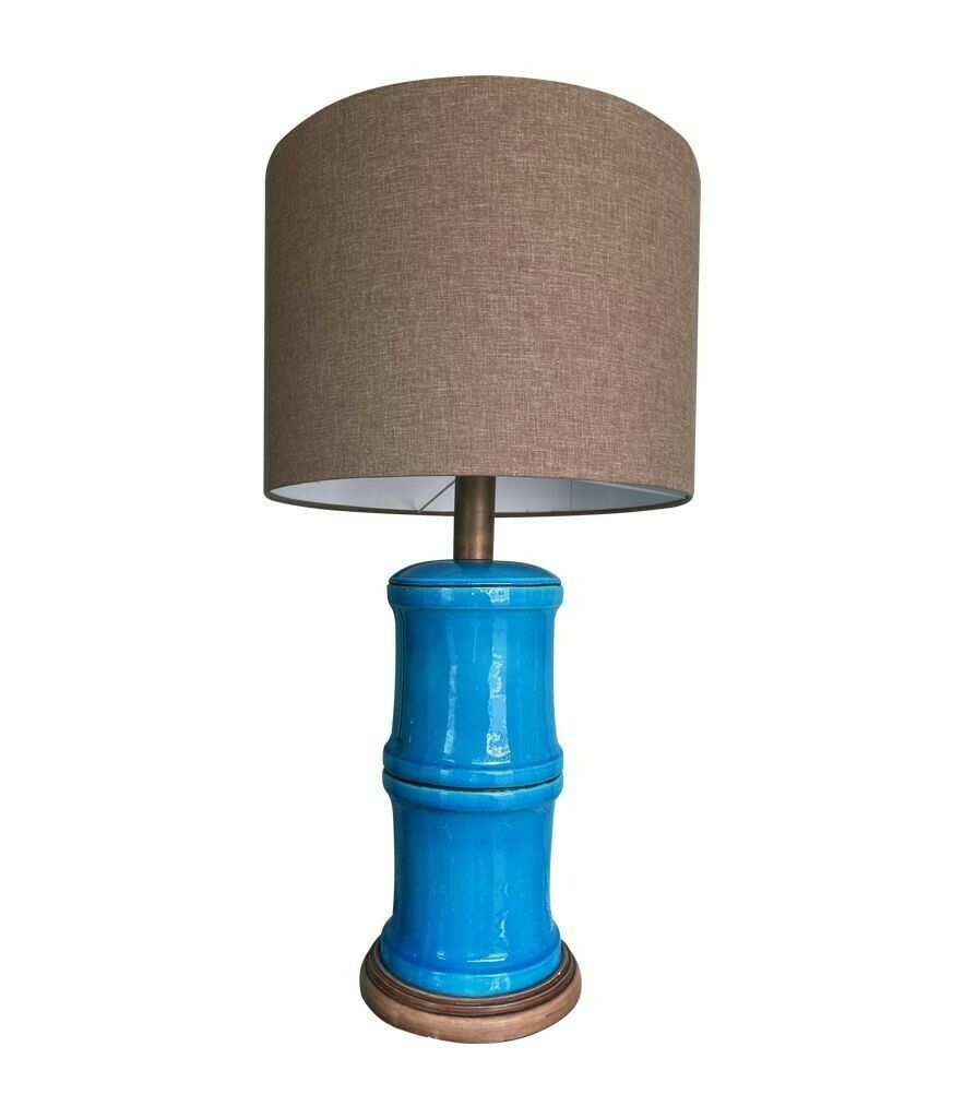 photo vintage A 1970s Large Italian Faux Bamboo Ceramic Blue Lamp With Brass Fittings