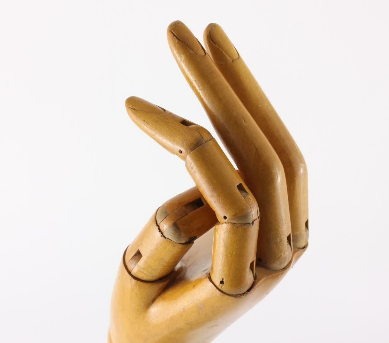 495.0 Articulated Mannequin Hand Glove Stand. Wood Jointed Finger Ring Display. photo