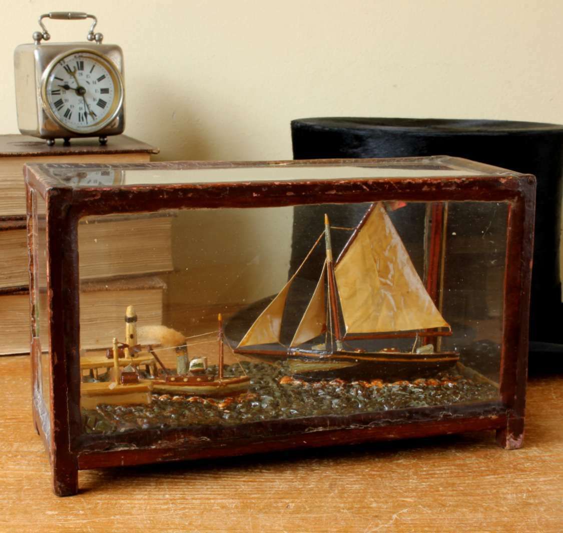 French Ship In A Box Diorama. Handmade Boat Scene Scratch Built Model.