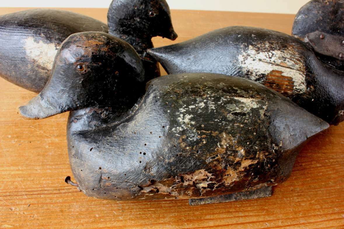 Three Antique French Wood Decoy Ducks. Early Painted Folk Art Rustic Birds. photo Art