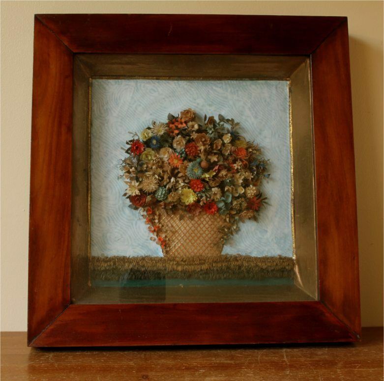 Folk Art Paper Basket Of Flowers Diorama. 19th Century Framed Shadow Box