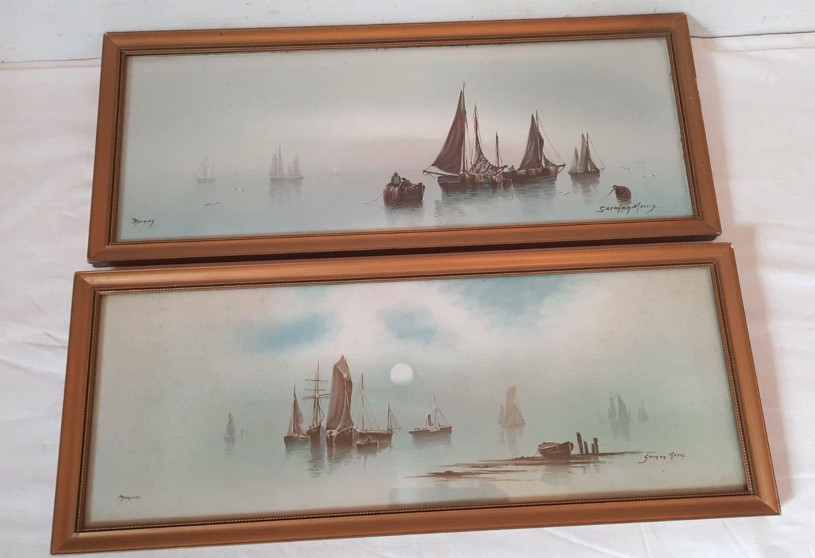 Pair Of Garman Morris Watercolours Boats Harbour Fishing Sailing