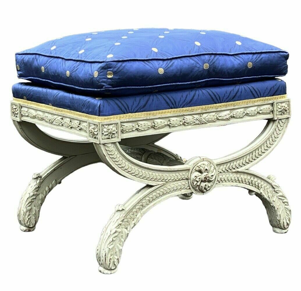 Country Home Stool / Seat, Carved Frame, Lift Of Cushion photo for sale