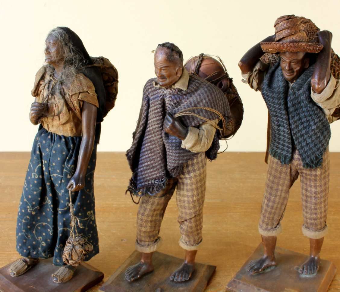 Three Wax Pedlar Figure Dolls. Bogota Colombia. Handmade. 19th Century. photo furniture