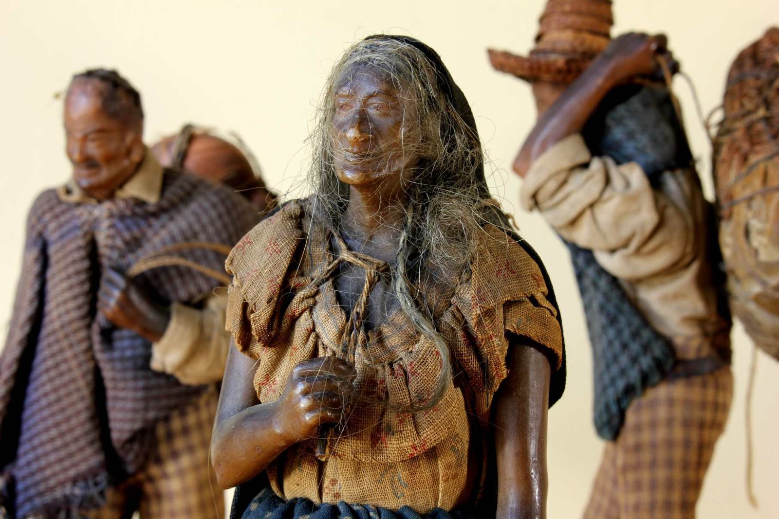 Three Wax Pedlar Figure Dolls. Bogota Colombia. Handmade. 19th Century. photo for sale