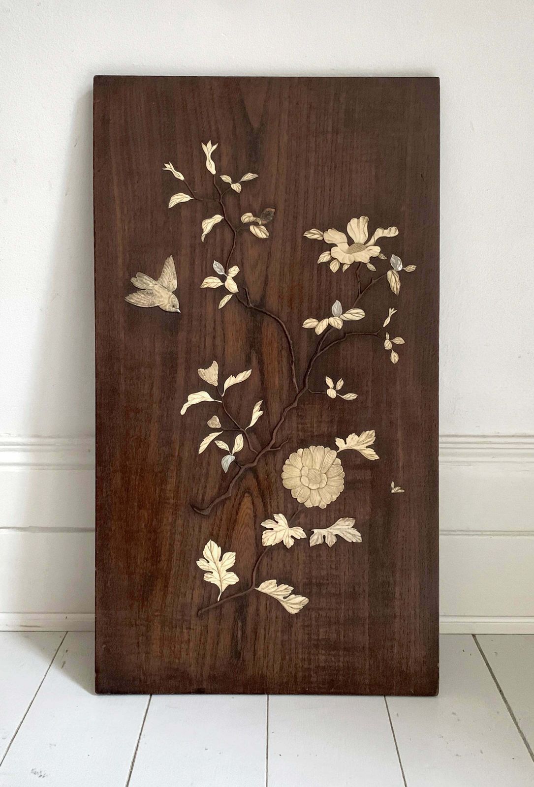 Antique Japanese Shibayama Woodenware Relief, Made With Bone & Mother Of Pearl