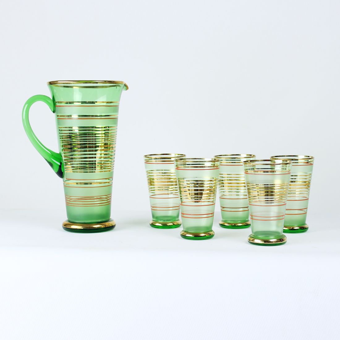 Vintage Drinking Set Of Pitcher With Glasses In Glass & Gold, Czechoslovakia 1960s