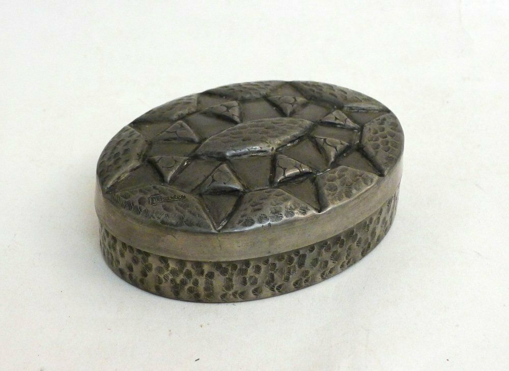 Art Deco Oval Box With Geometric Pewter Decor By Charles 1930s