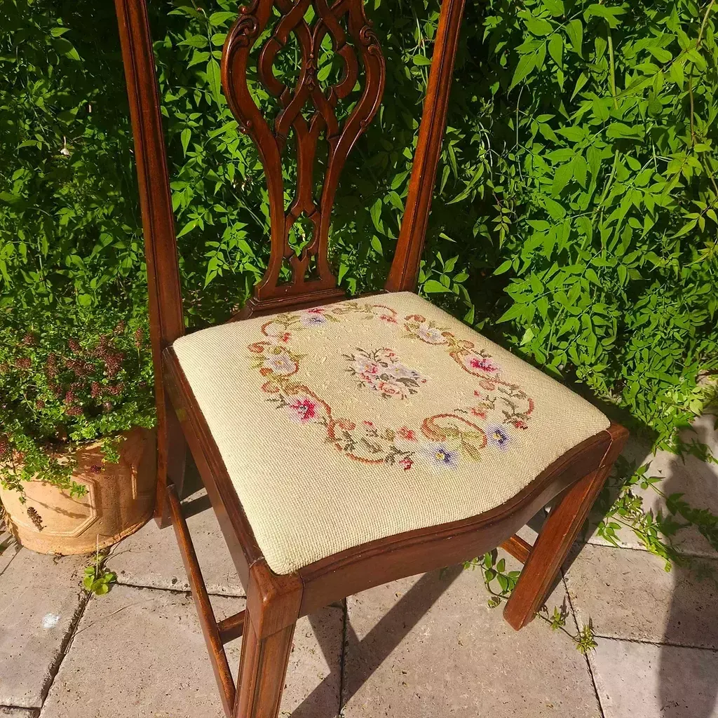 Antique Chippendale Style Mahogany Chair With Tapestry Wool Seat photo for sale