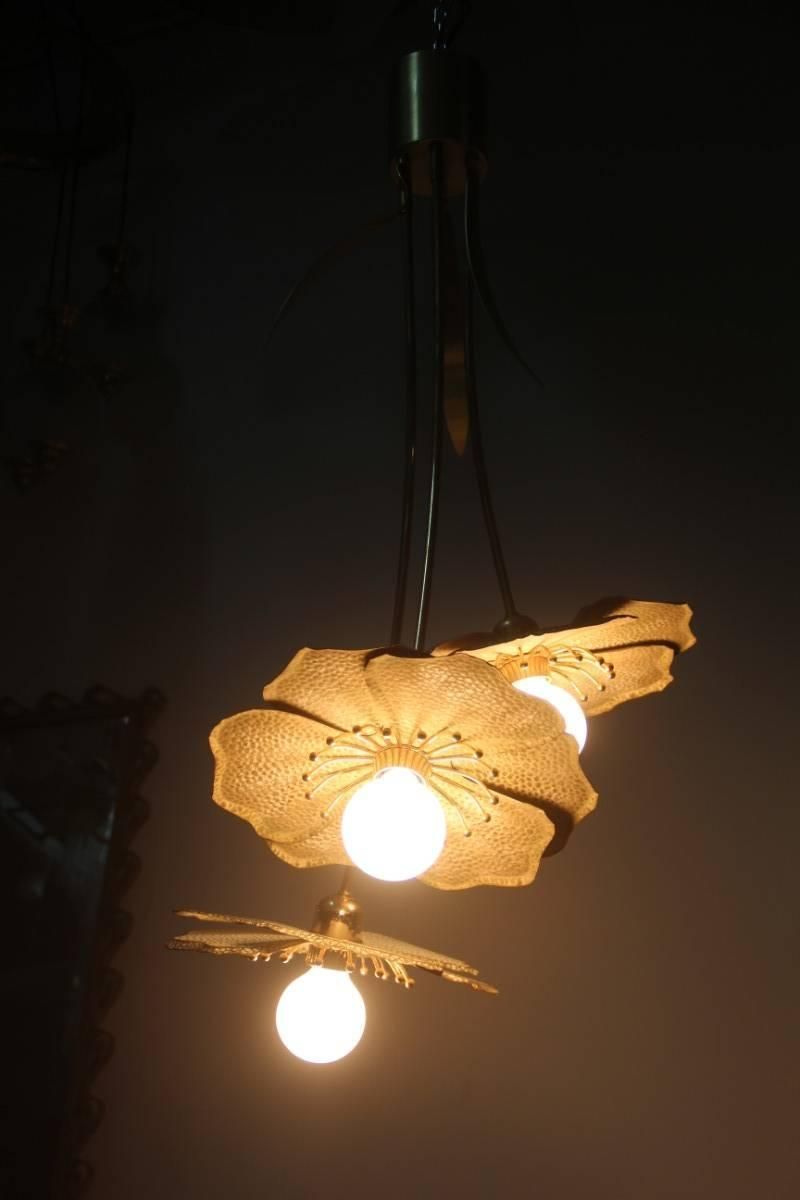 Chandelier Metal Flowers Lacquered Brass Italian Design 1970 photo Lighting