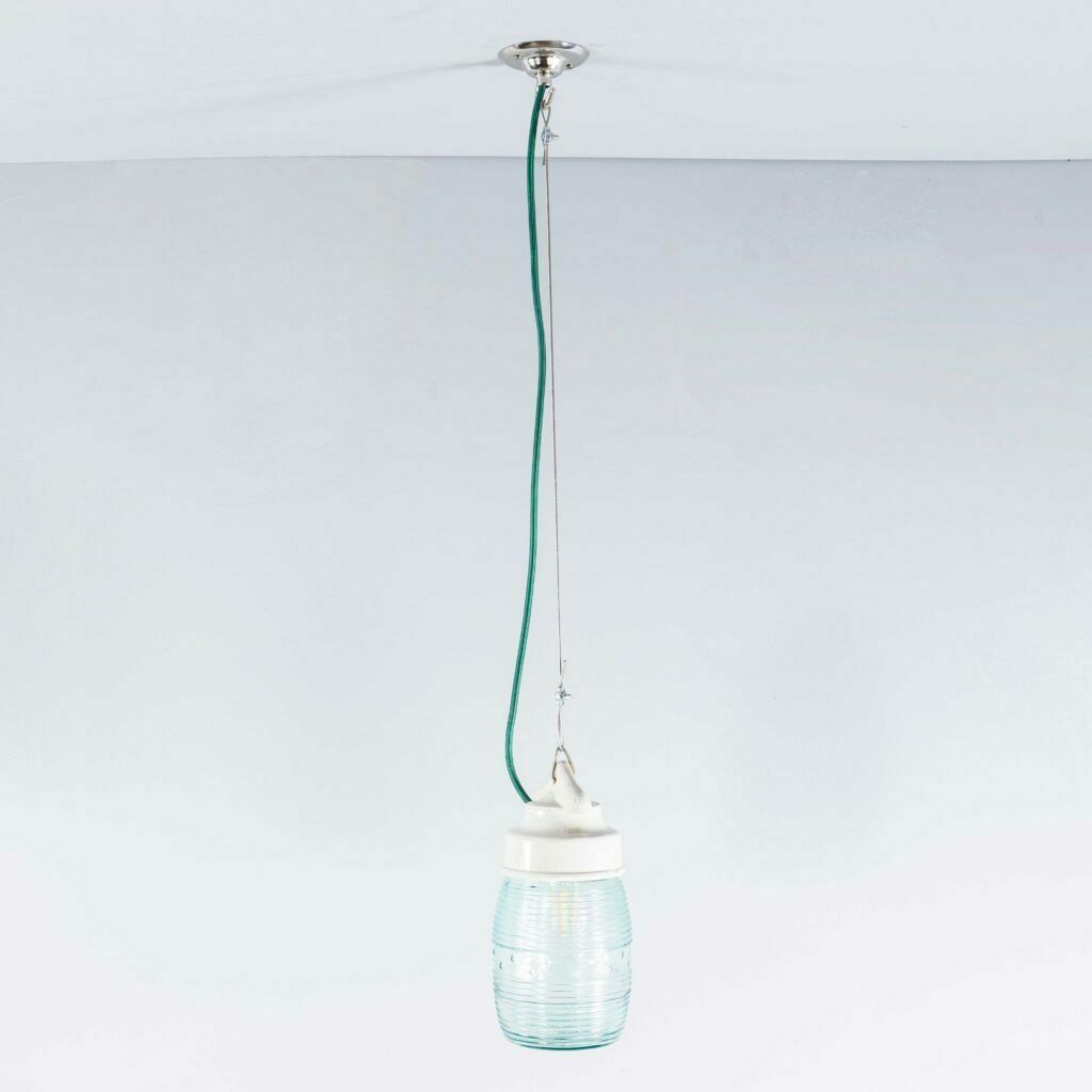 1950’s New Old Stock Ribbed Glass Cylinder Pendant Lamps photo for sale