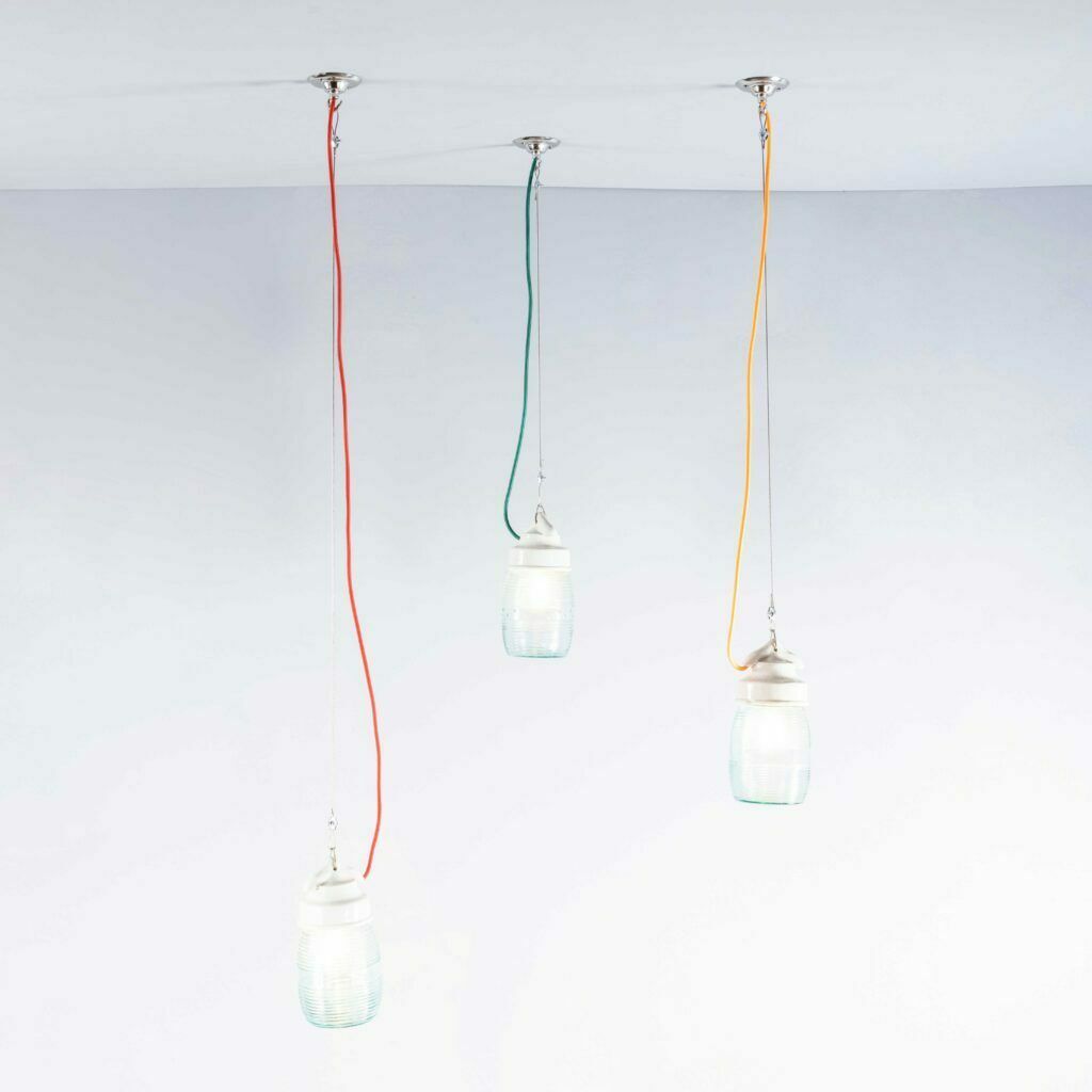 1950’s New Old Stock Ribbed Glass Cylinder Pendant Lamps