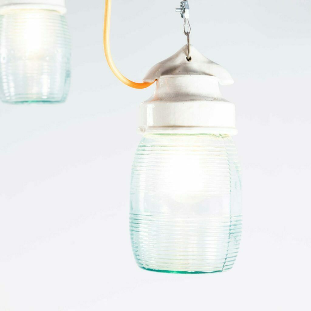 1950’s New Old Stock Ribbed Glass Cylinder Pendant Lamps photo buy