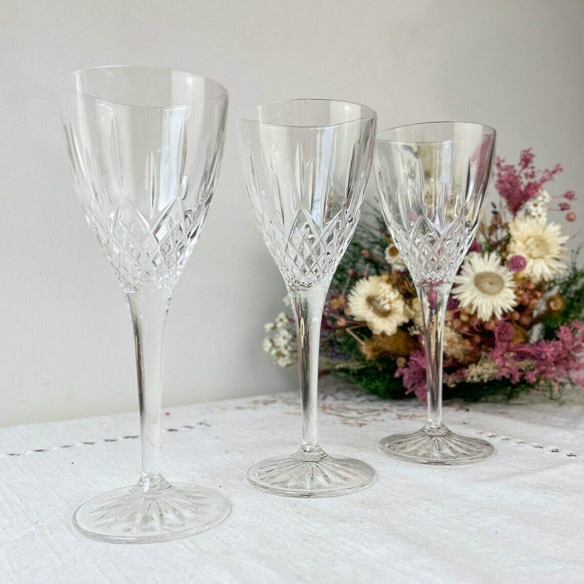 3 Vintage Chiseled Crystal Glasses ~ Crystal Stemmed Glasses ~ Vintage Champagne Glass ~ Crystal Glasses ~ 20th Century